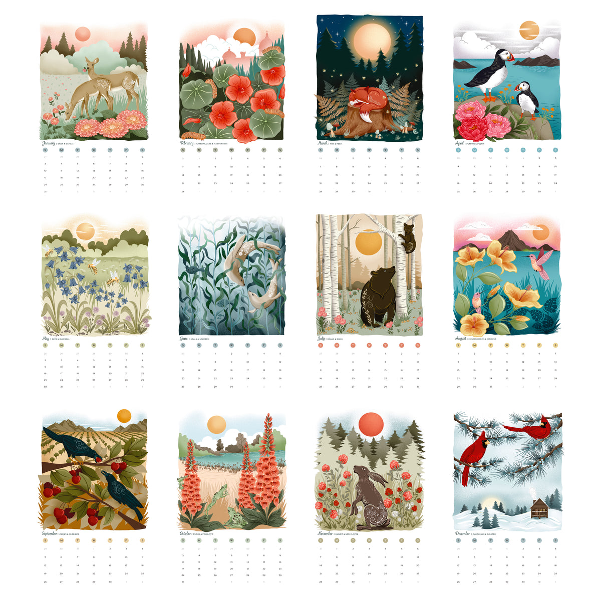 2027 Wall Calendar | Botanicals & Beasts | Artist Illustrated | January-December