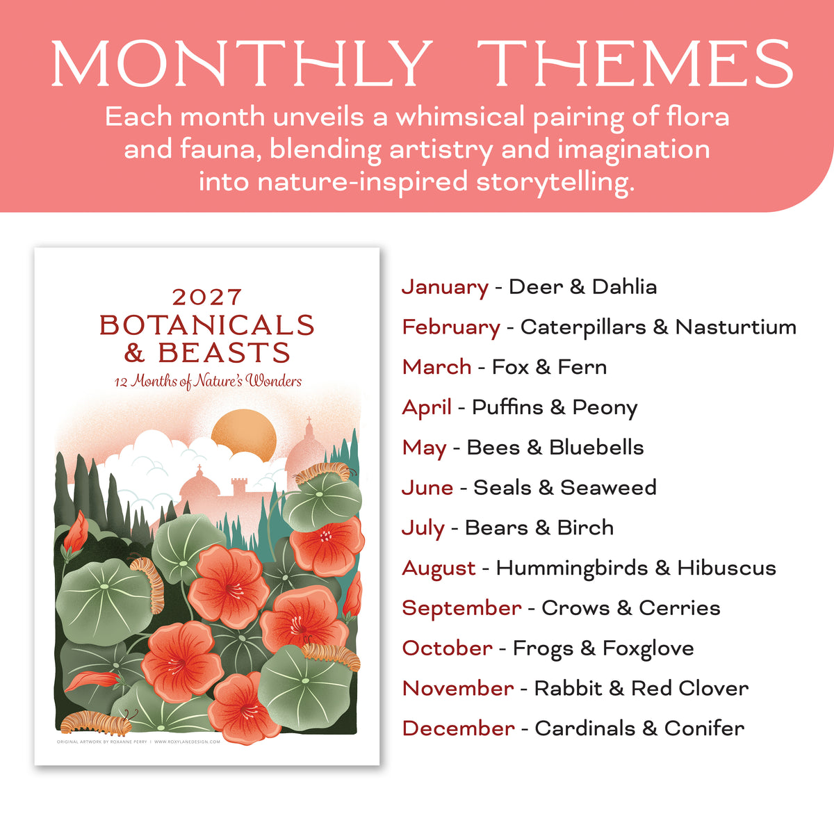 2027 Wall Calendar | Botanicals & Beasts | Artist Illustrated | January-December