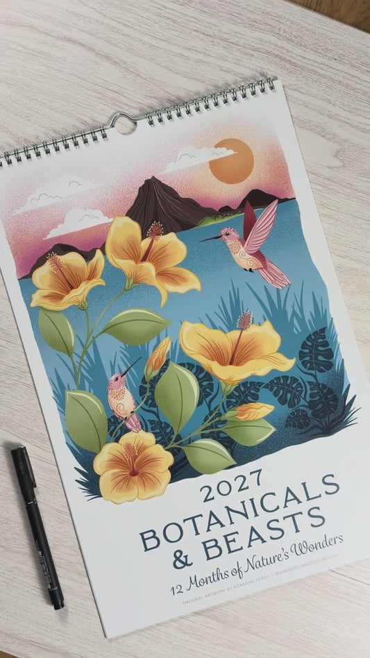 2027 Wall Calendar w/to-do list | Botanicals & Beasts | Artist Illustrated | January-December