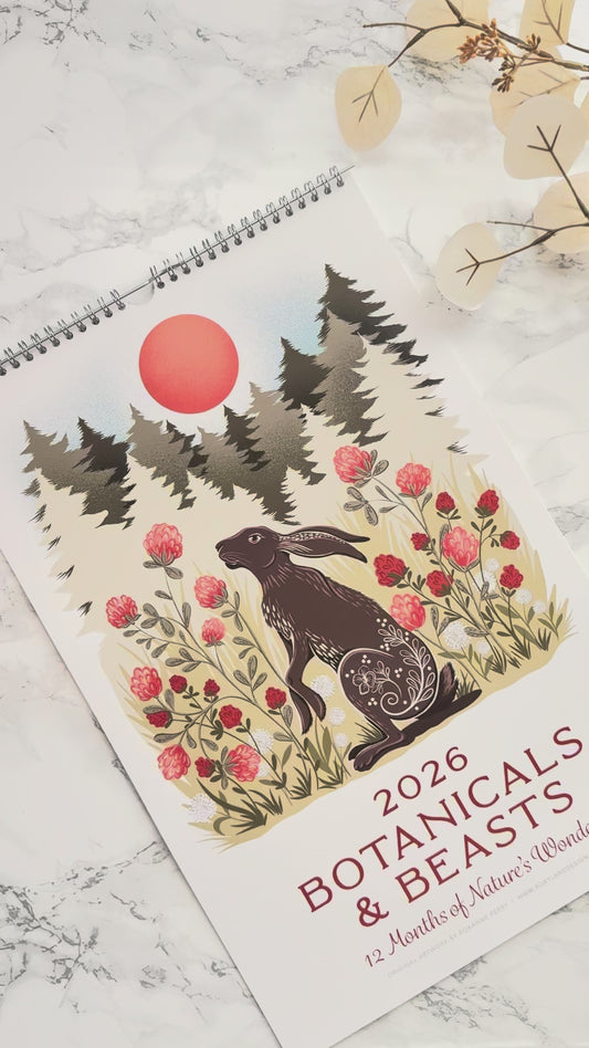 2026 Wall Calendar | Botanicals & Beasts | Artist Illustrated | January-December